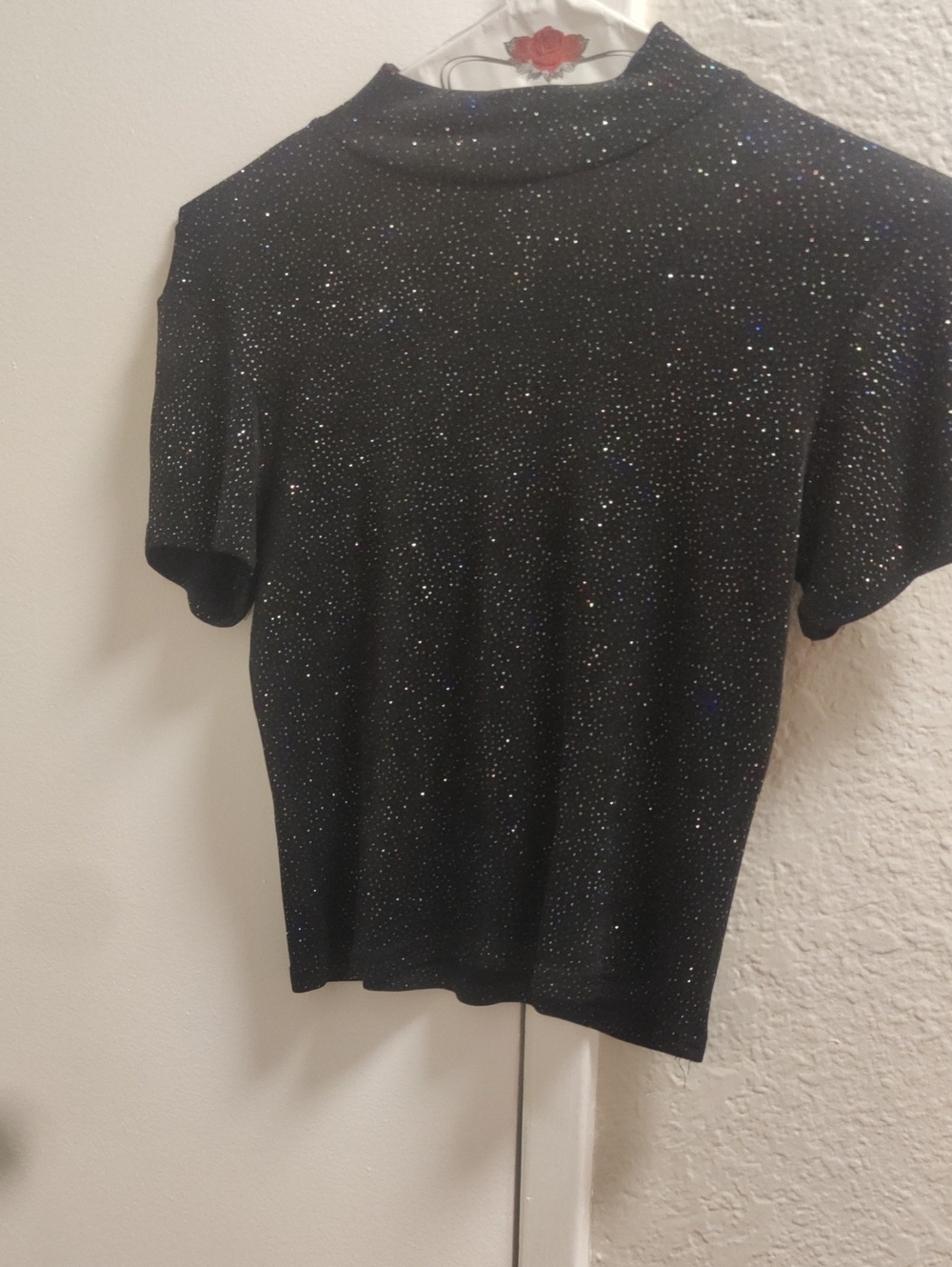 Women's Black Sparkle Short Sleeve Mock Neck Top